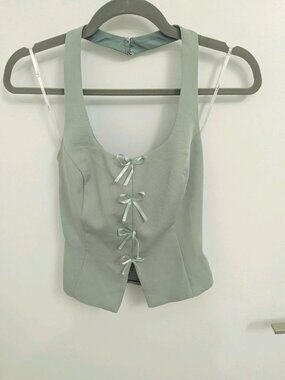 Lulus Sweetly Perfect Sage Bow Sleeveless Halter Top XS